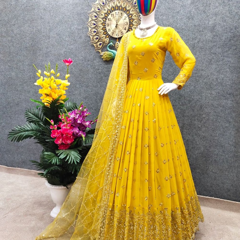 GEORGETTE HEAVY WEDDING WEAR GOWN SET WITH SEQUENCE EMBROIDERY WORK AND DUPATTAA - Picture 2 of 6